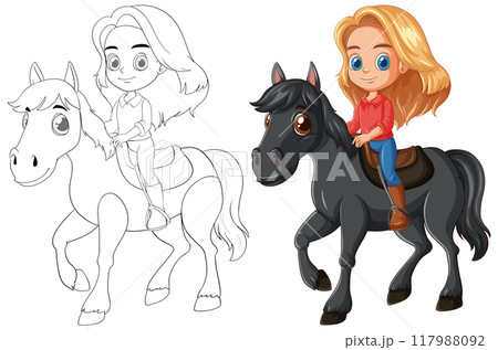 Girl Riding a Black Horseのイラスト素材 [117988092] - PIXTA
