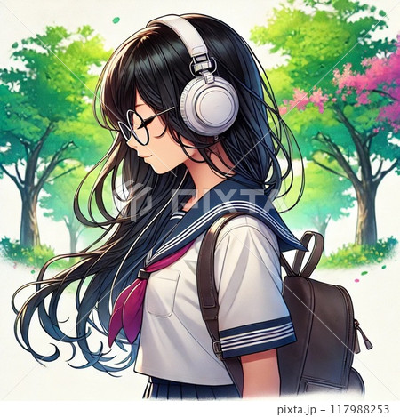 ヘッドフォンで音楽を聴く女子学生「AI生成画像」 117988253