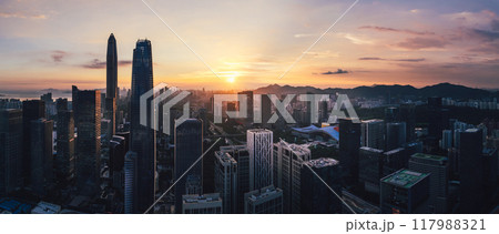 Aerial panorama view of landscape in sunset Shenzhen city,China Aerial panorama view of landscape in sunset Shenzhen city,China 117988321