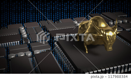The Gold Bull on pcb Board for Business concept 3d rendering. The Gold Bull on pcb Board for Business concept 3d rendering. 117988384