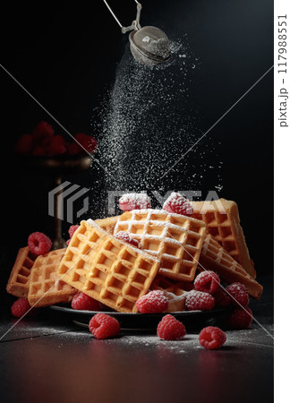 Waffles with raspberries on a black background. 117988551