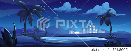 Cartoon Arabian desert landscape at night Cartoon Arabian desert landscape at night 117988665