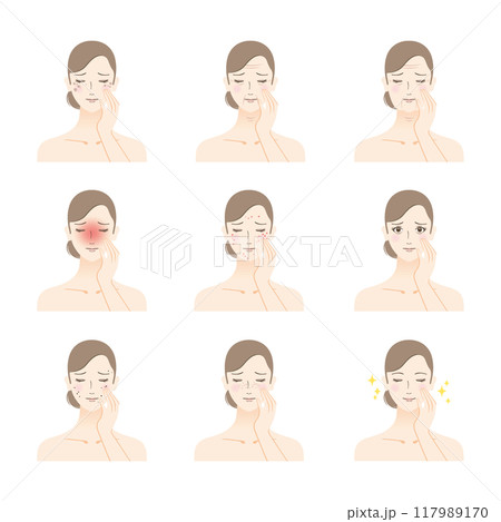 美容のイラスト 肌の状態に悩む女性のセット 美容のイラスト 肌の状態に悩む女性のセット 117989170