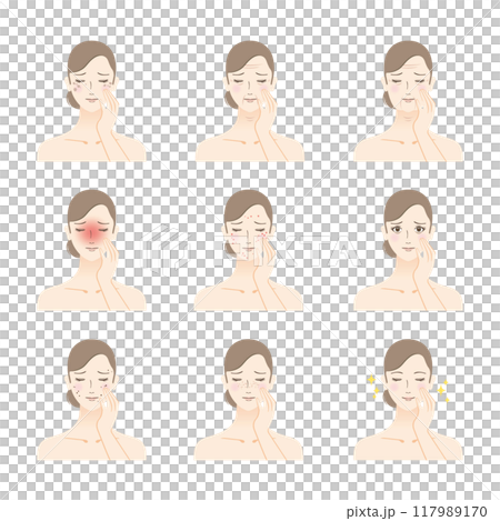 美容のイラスト 肌の状態に悩む女性のセット 美容のイラスト 肌の状態に悩む女性のセット 117989170