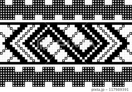 Traditional cross stitch embroidery, geometric style ornament, seamless pattern. Pixel art decorative ethnic texture. 117989391