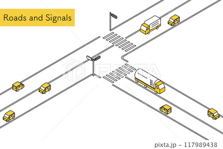 信号のあるT字路を走る車、シンプルな線画のアイソメトリックイラスト 信号のあるT字路を走る車、シンプルな線画のアイソメトリックイラスト 117989438