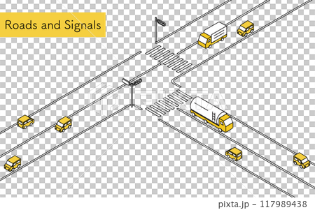 一輛汽車在帶有交通燈的丁字路口行駛，一個簡單的線條畫等軸圖 117989438