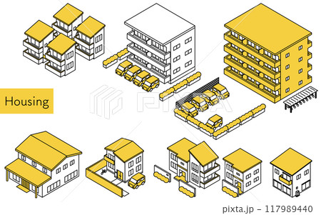 賃貸マンションやアパート、一軒家などの住宅、シンプルな線画のアイソメトリックイラスト 賃貸マンションやアパート、一軒家などの住宅、シンプルな線画のアイソメトリックイラスト 117989440