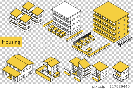 Rental apartments, condominiums, houses and other residential buildings, simple line drawing isometric illustrations 117989440