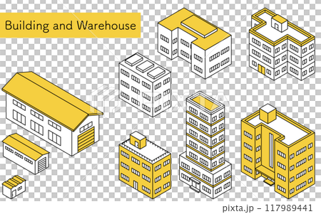 ビルや倉庫などの建物、シンプルな線画のアイソメトリックイラスト 117989441