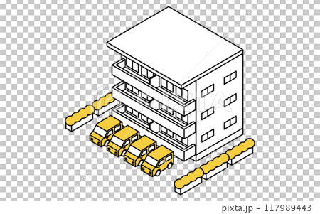 帶停車場的出租公寓，簡單的線條畫等軸圖 117989443