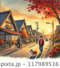 夕暮れに飼い犬の散歩する子ども 117989516