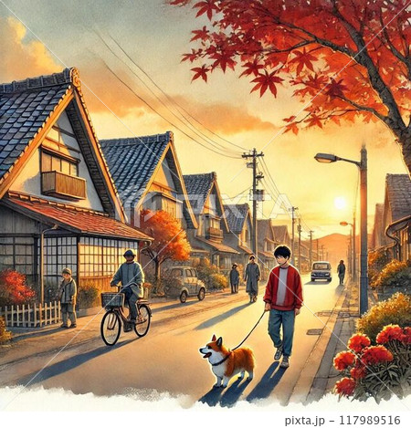 夕暮れに飼い犬の散歩する子ども 117989516