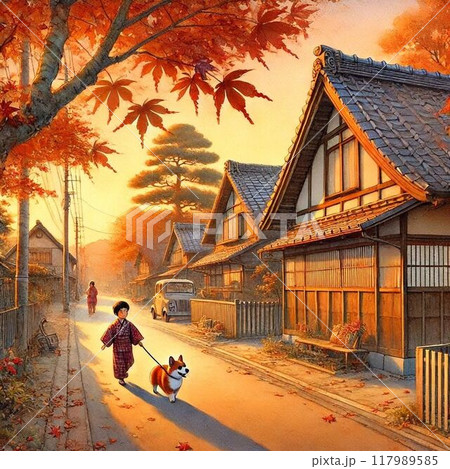 秋の夕暮れ子どもが犬の散歩をしている 秋の夕暮れ子どもが犬の散歩をしている 117989585