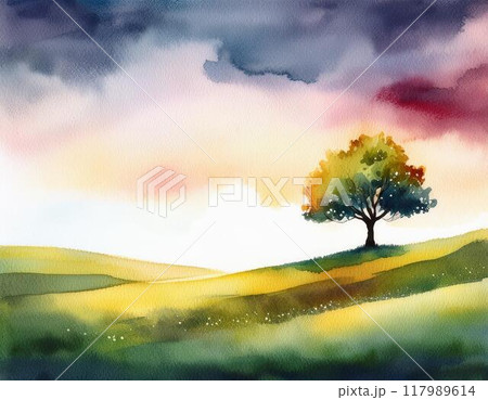 草原に1本の木の風景画（AI生成素材）のイラスト素材 [117989614] - PIXTA