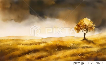 草原に1本の木の風景画（AI生成素材） 117989633