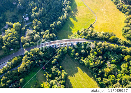 Aerial view of Sychrov Railway Bridge surrounded by lush greenery, showcasing its architectural structure against a vibrant landscape. 117989927