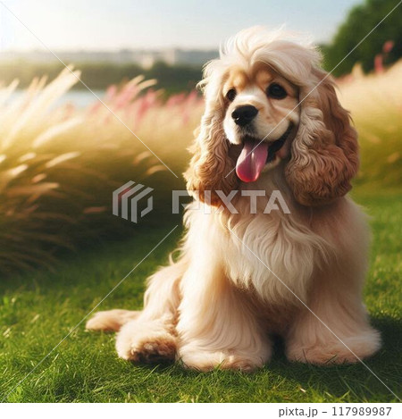 夕日に照らされる犬 117989987