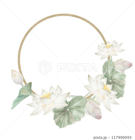 Lotus frame. Watercolor illustration lotuses and leaves hand drawn, lotus flower frame for design 117990093