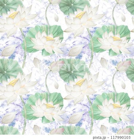Seamless pattern with watercolor flowers lotuses lotuses, buds and leaves. Watercolor illustration, hand drawn lotuses for design 117990103
