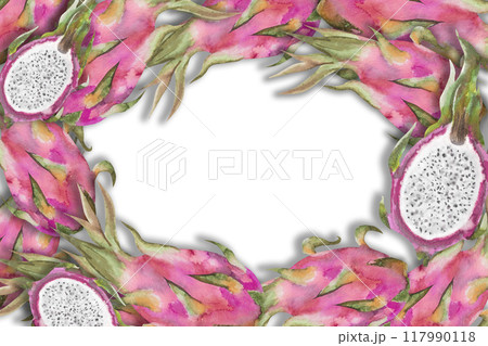 Watercolor illustration frame of red dragon fruit, pitahaya halves. Botanical composition frame of pitahaya pieces for vegetarian exotic food design 117990118