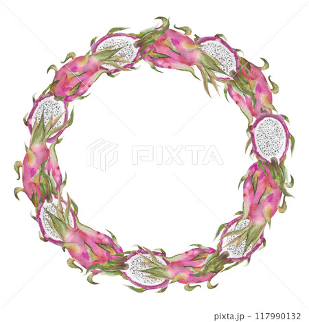 Watercolor illustration frame of red dragon fruit, pitahaya halves. Botanical composition frame of pitahaya pieces for vegetarian exotic food design 117990132
