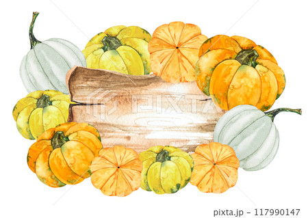 Autumn composition of pumpkins and a wooden board with a place for text. Watercolor illustration, autumn pumpkins, vegetables, fruits, berries and a wooden board Autumn composition of pumpkins and a wooden board with a place for text. Watercolor illustration, autumn pumpkins, vegetables, fruits, berries and a wooden board 117990147
