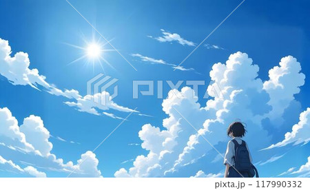 夏の青空を見上げる女の子 117990332