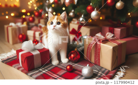 white cat with red spots next to the Christmas tree 117990412