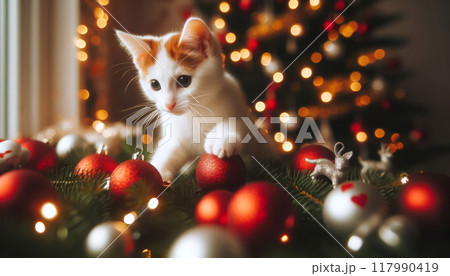 white cat with red spots next to the Christmas tree 117990419
