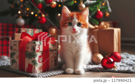 white cat with red spots next to the Christmas tree 117990421