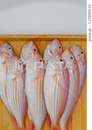 木製のトレーに並べられたカラフルな魚いとより 木製のトレーに並べられたカラフルな魚いとより 117990519