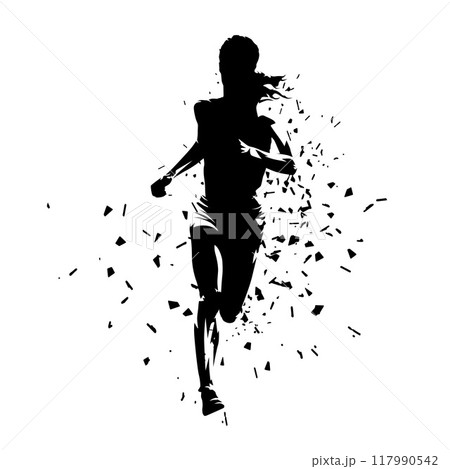Running woman, isolated vector silhouette. Front view. Female runner Running woman, isolated vector silhouette. Front view. Female runner 117990542