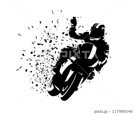 Motorbike rider celebrates victory. Isolated vector silhouette. Ink drawing. Motorsport racing Motorbike rider celebrates victory. Isolated vector silhouette. Ink drawing. Motorsport racing 117990546