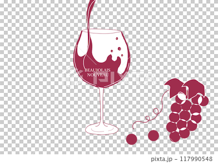 倒入博若萊新酒的玻璃和葡萄 117990548