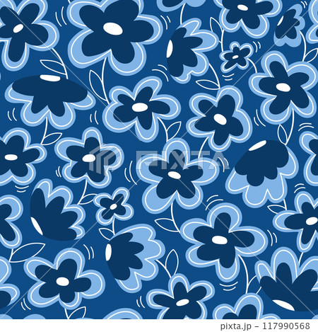 Gentle seamless pattern with blue and white flowers on dark blue background 117990568