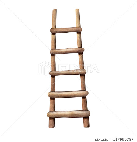 Watercolor wooden ladder. Gardening tool. Hand drawn illustration isolated on white background. Watercolor wooden ladder. Gardening tool. Hand drawn illustration isolated on white background. 117990787