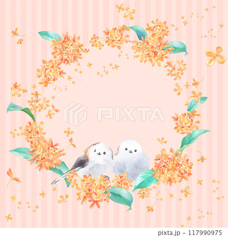 晩夏の花。金木犀（キンモクセイ）と野鳥（シマエナガ）の水彩