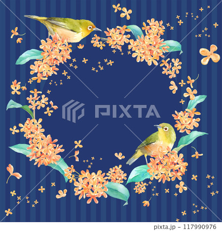 晩夏の花。金木犀(キンモクセイ)と野鳥(メジロ)の水彩イラストで構成した円形フレームデザイン。 晩夏の花。金木犀(キンモクセイ)と野鳥(メジロ)の水彩イラストで構成した円形フレームデザイン。 117990976