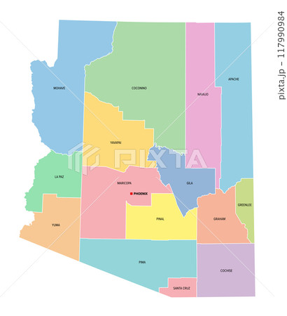 Arizona, U.S. state, subdivided into 15 counties, multi colored political map with capital Phoenix, borders and county names. State in the Southwestern region of the USA, nicknamed Grand Canyon State Arizona, U.S. state, subdivided into 15 counties, multi colored political map with capital Phoenix, borders and county names. State in the Southwestern region of the USA, nicknamed Grand Canyon State 117990984