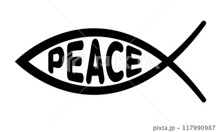 Sign of the fish symbol with the word peace in capital letters. Jesus fish, a symbol of early Christianity, consisting of 2 intersecting arcs, also called ichthys or ichthus, the Greek word for fish. Sign of the fish symbol with the word peace in capital letters. Jesus fish, a symbol of early Christianity, consisting of 2 intersecting arcs, also called ichthys or ichthus, the Greek word for fish. 117990987