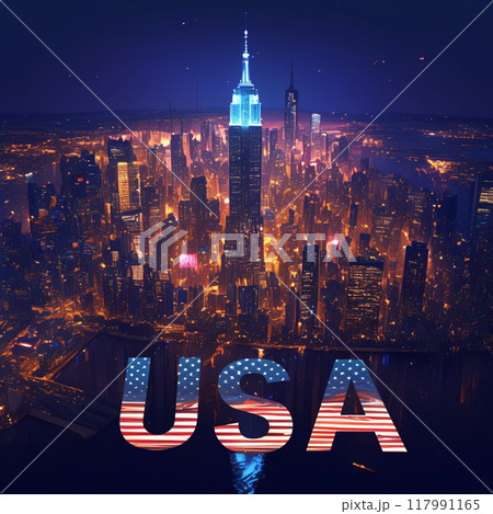 アメリカの大都市の夜景と「USA」の文字 117991165