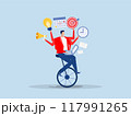 Businessman performing multitasking work Productive master, businessman riding unicycle juggling elements, laptop, calendar, ideas and emails.project management skill 117991265