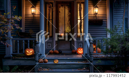 Happy Halloween Decorations on front porch display elements flat lay top view with Jack lantern orange pumpkins with lighting inside 117991452