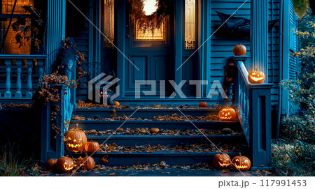 Happy Halloween Decorations on front porch display elements flat lay top view with Jack lantern orange pumpkins with lighting inside 117991453