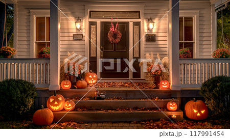 Happy Halloween Decorations on front porch of the white house with display elements flat lay top view with Jack lantern orange pumpkins with lighting inside 117991454