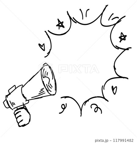 Loudspeaker attention announce. Sketch megaphone message sticker. Drawing doodle bullhorn news speaker. Drawn announcement advertising Loudspeaker attention announce. Sketch megaphone message sticker. Drawing doodle bullhorn news speaker. Drawn announcement advertising 117991482