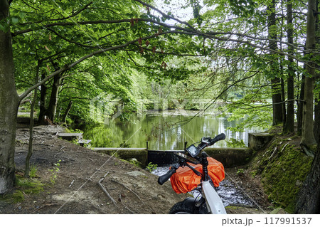 Front of a touring bicycle in front of a pond in a forest, bike tour through nature Front of a touring bicycle in front of a pond in a forest, bike tour through nature 117991537