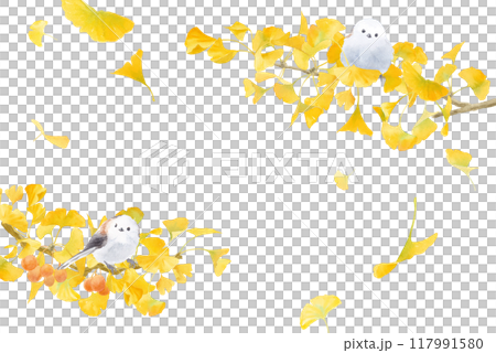 A watercolor illustration of a yellow ginkgo tree and a wild bird (long-tailed tit). The frame is decorated with ginkgo branches extending from both sides. 117991580