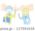 イラスト素材：ビジネス街でガッツポーズをする会社員とビジネスウーマン 117991638